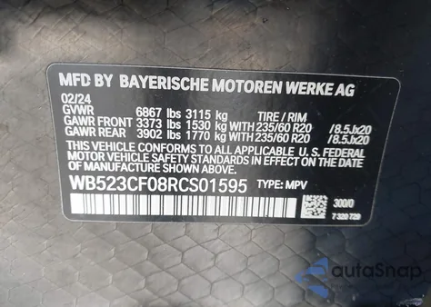 2024 BMW Ix xDrive50 z USA, uszkodzony, nr VIN WB523CF08RCS01595